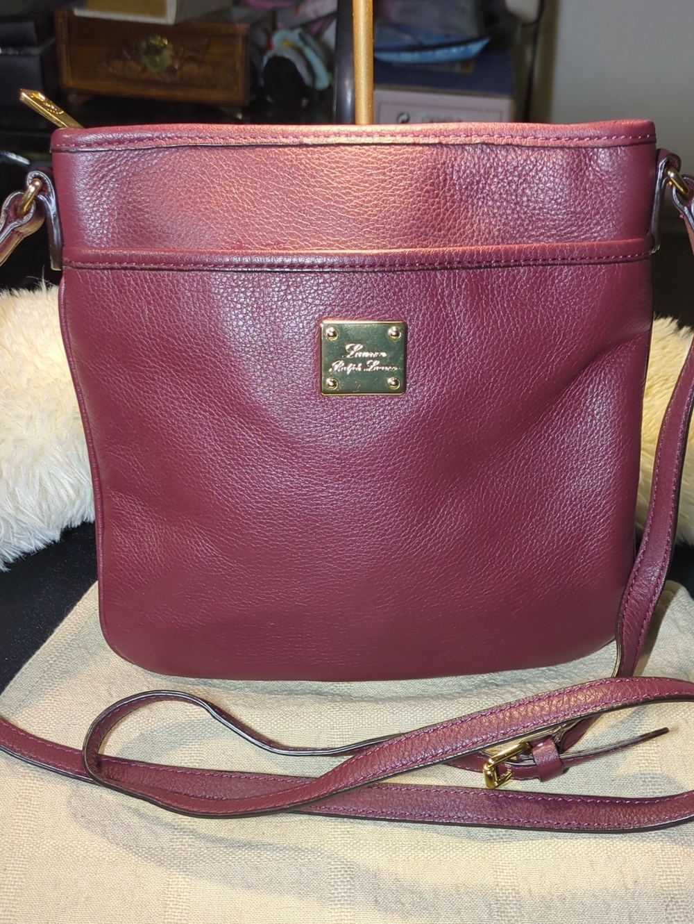 Lauren Ralph Lauren Wine Leather Crossbody with Gold Plaque NOW ONLY $30